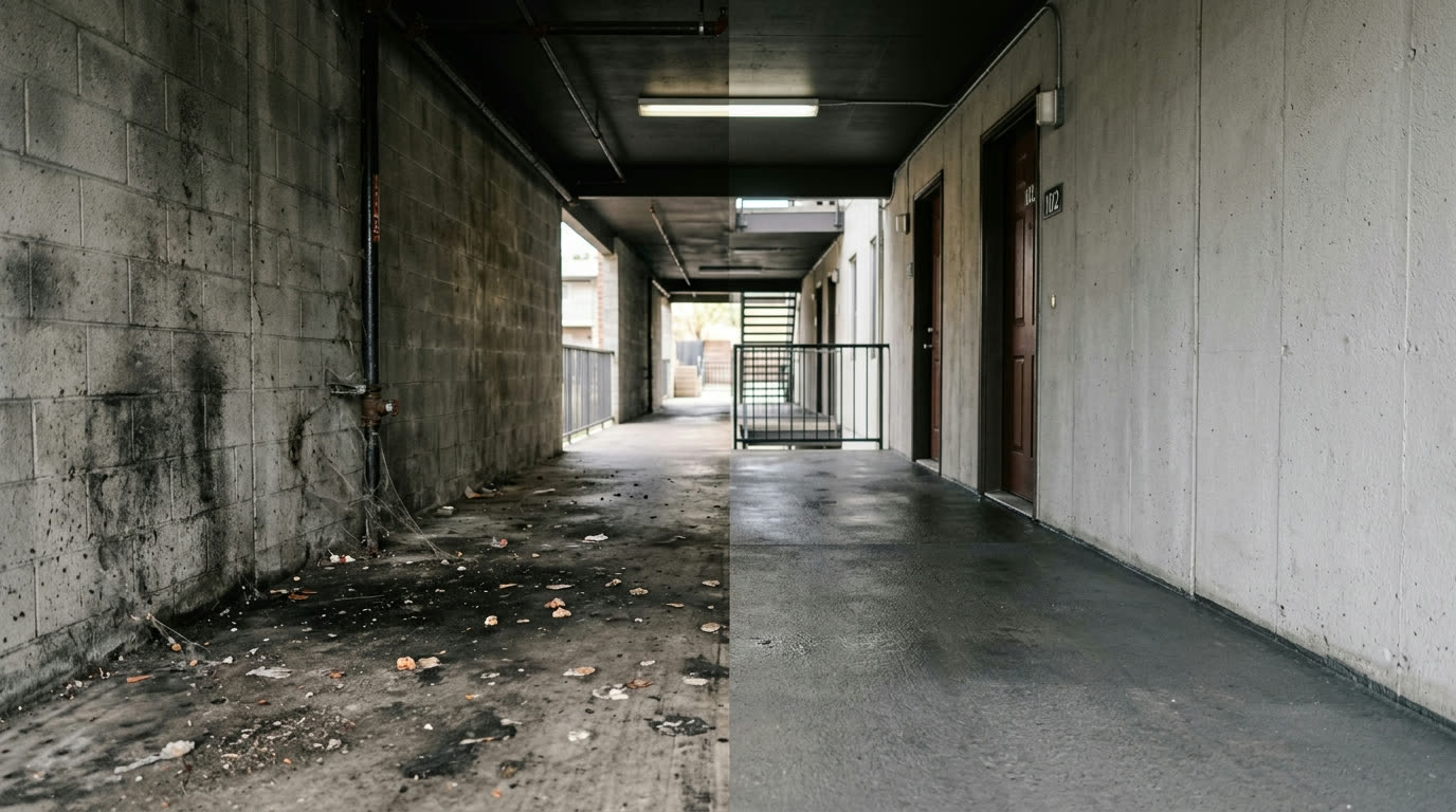 Before and after breezeway pressure washing