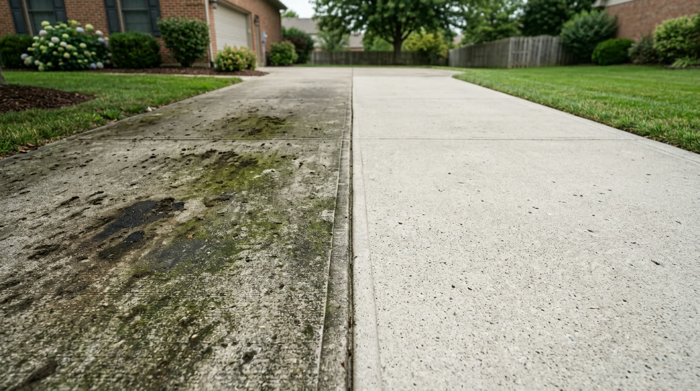 Before and after driveway pressure washing
