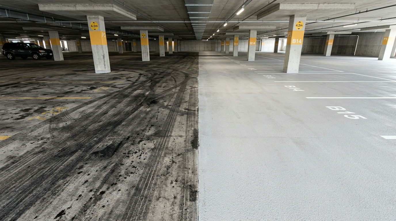 Before and after parking deck cleaning