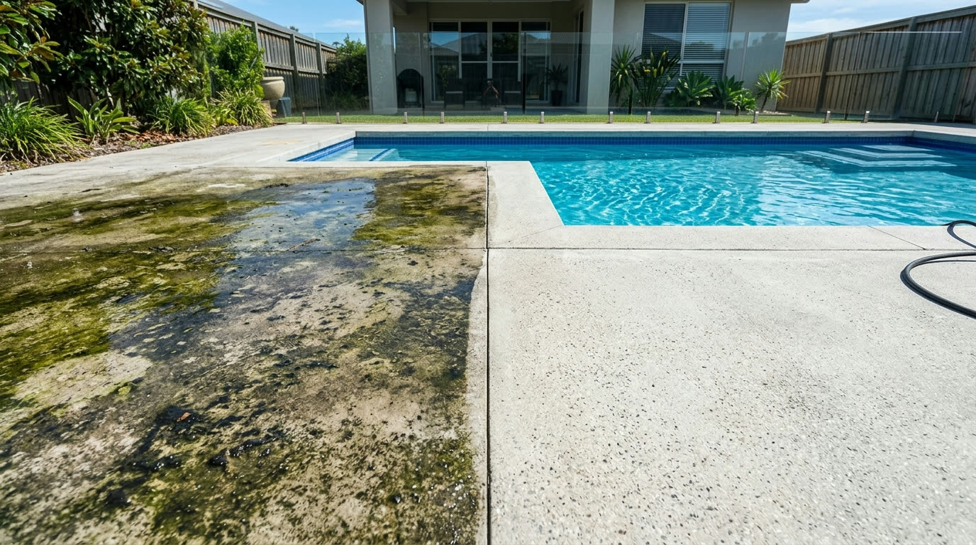 Before and after pool deck pressure washing