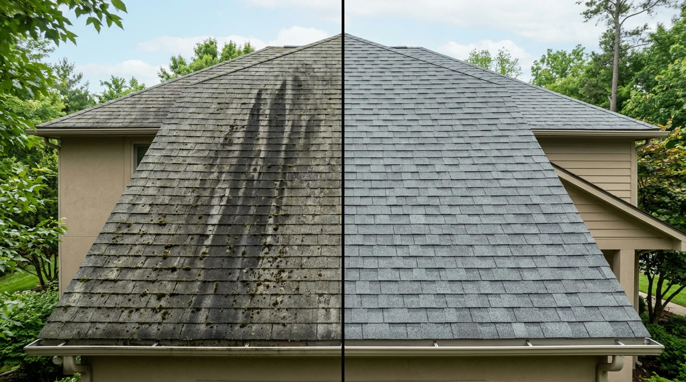 Before and after roof soft washing