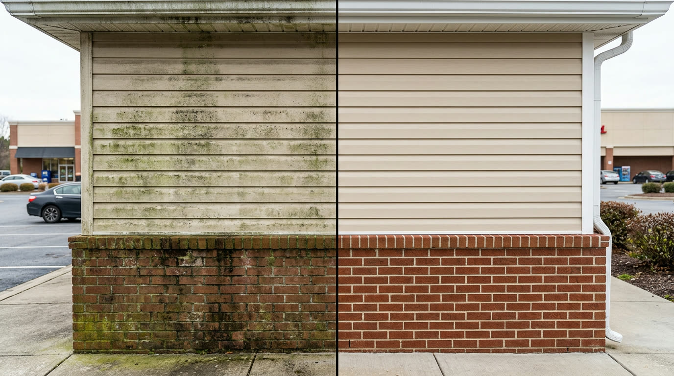 Before and after building siding soft wash