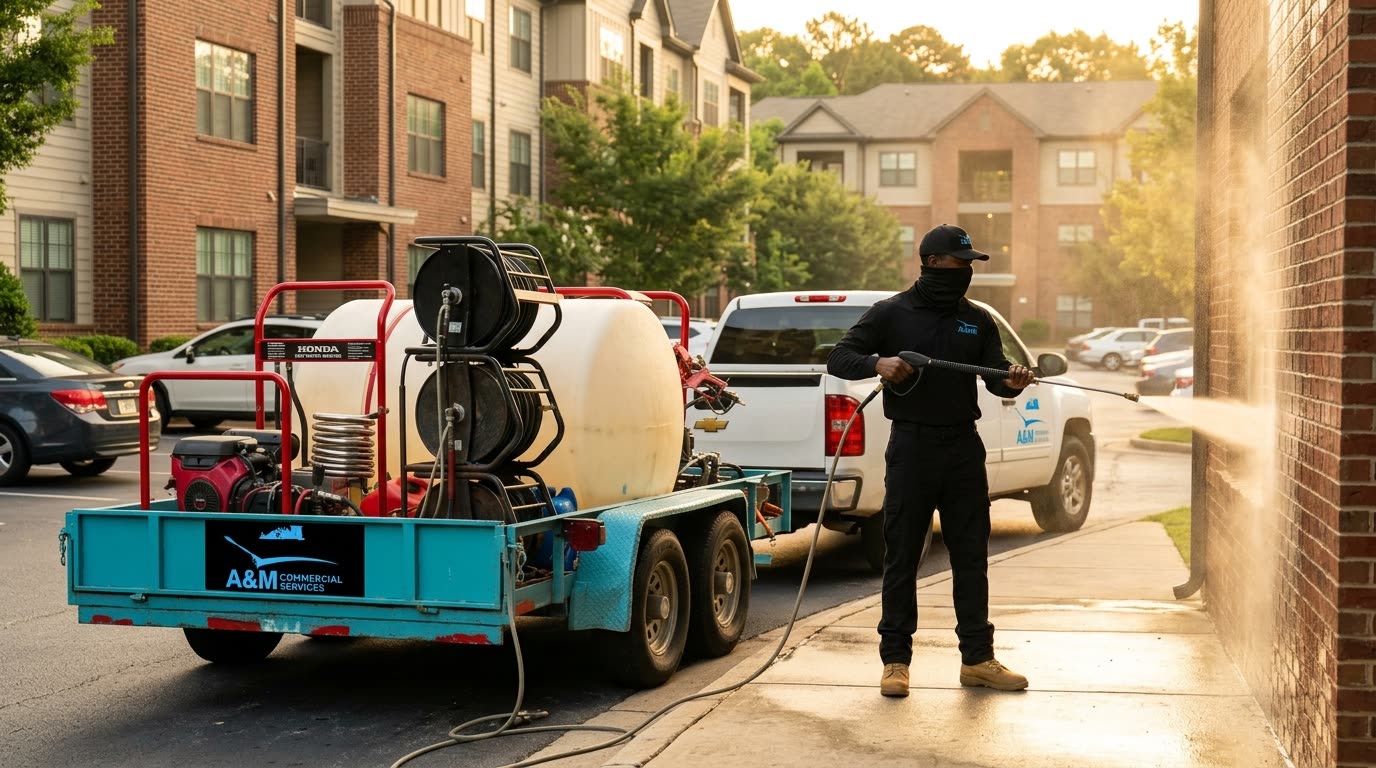 A&M Commercial Services crew pressure washing an Atlanta apartment building with the truck-and-trailer hot-water rig