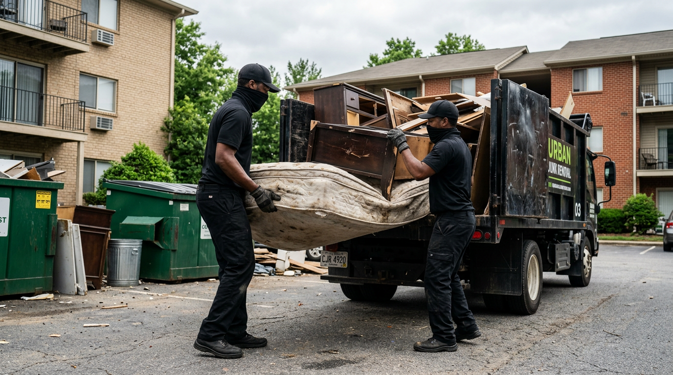 A&M Commercial Services crew removing junk at an Atlanta apartment complex